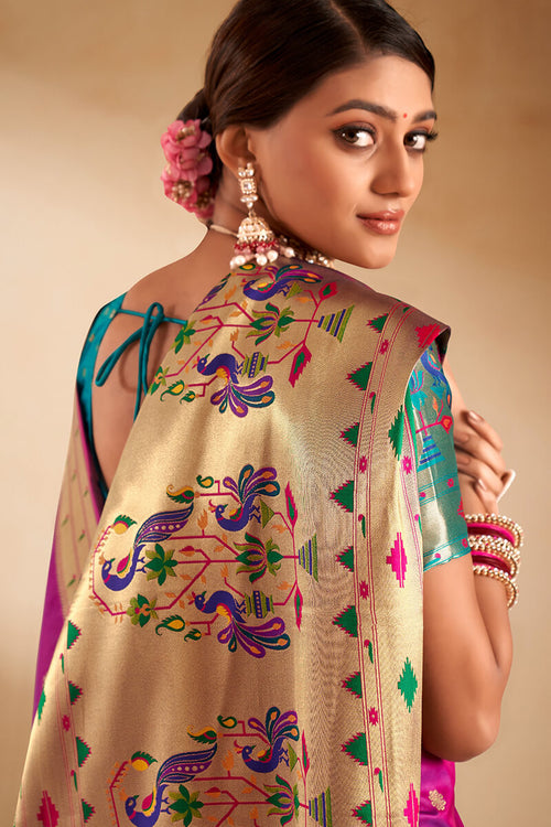 Load image into Gallery viewer, Embrocation Firozi Paithani Silk Saree With Demanding Blouse Piece
