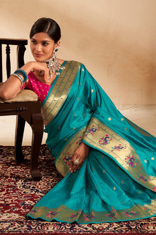 Load image into Gallery viewer, Embrocation Firozi Paithani Silk Saree With Demanding Blouse Piece
