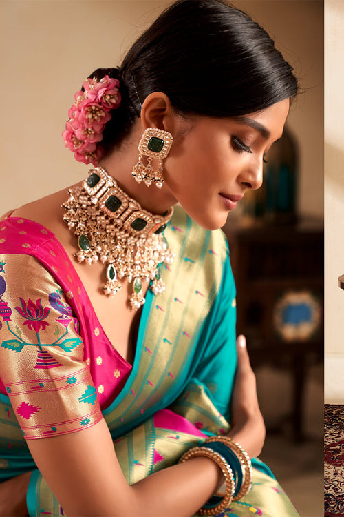 Load image into Gallery viewer, Embrocation Firozi Paithani Silk Saree With Demanding Blouse Piece
