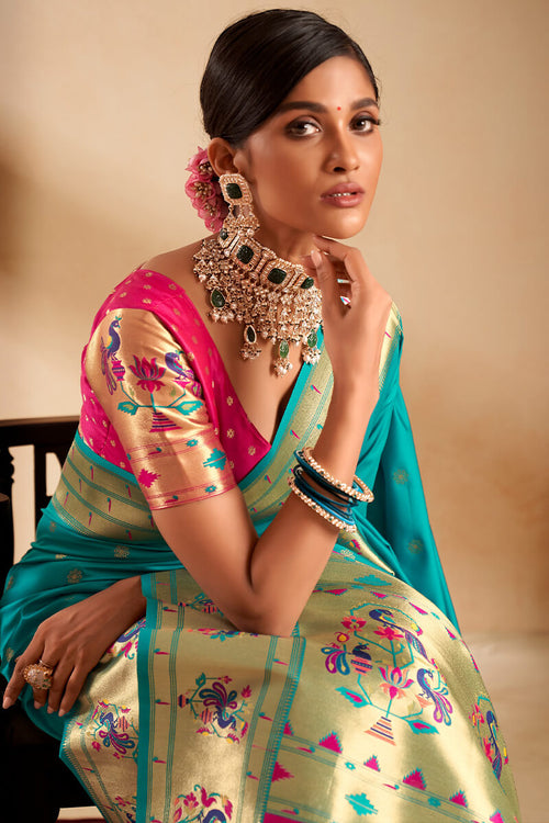 Load image into Gallery viewer, Embrocation Firozi Paithani Silk Saree With Demanding Blouse Piece
