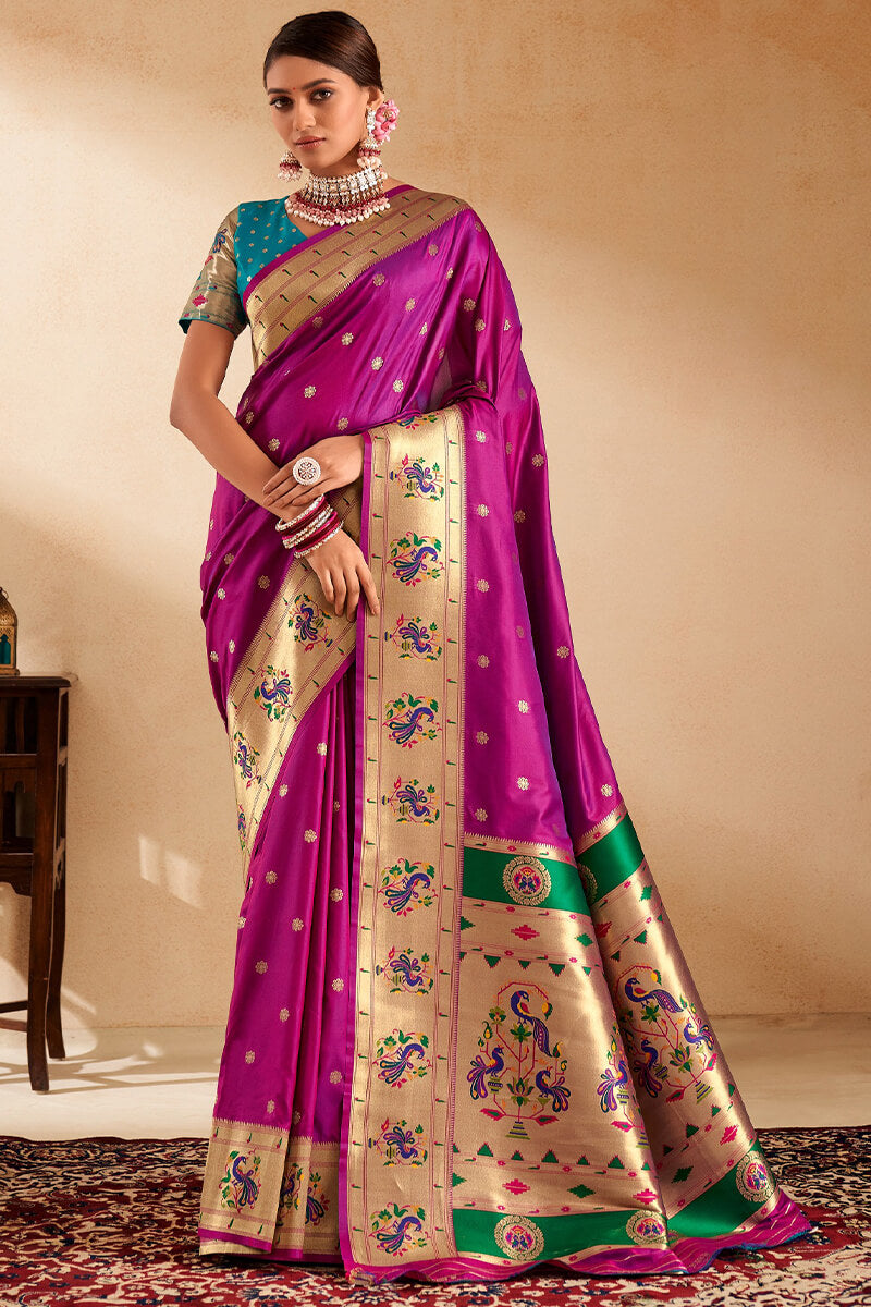 Eloquence Magenta Paithani Silk Saree With Fantabulous Blouse Piece