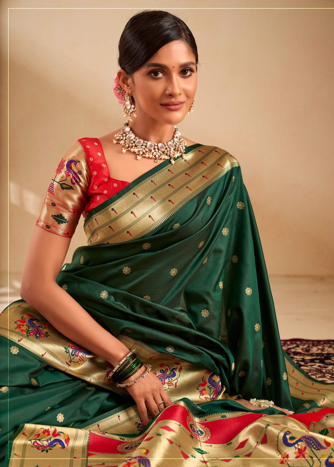 Panache Dark Green Paithani Silk Saree With Vestigial Blouse Piece