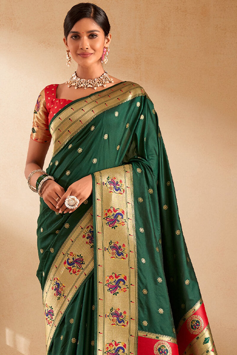 Panache Dark Green Paithani Silk Saree With Vestigial Blouse Piece