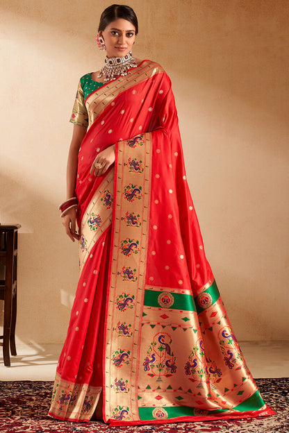 Ephemeral Red Paithani Silk Saree With Preferable Blouse Piece