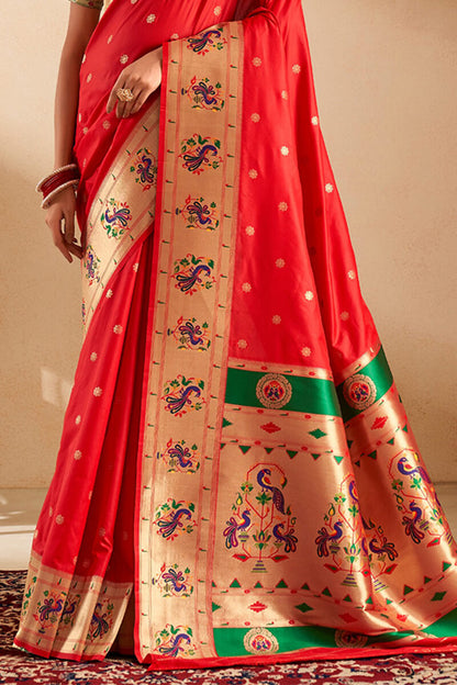 Ephemeral Red Paithani Silk Saree With Preferable Blouse Piece