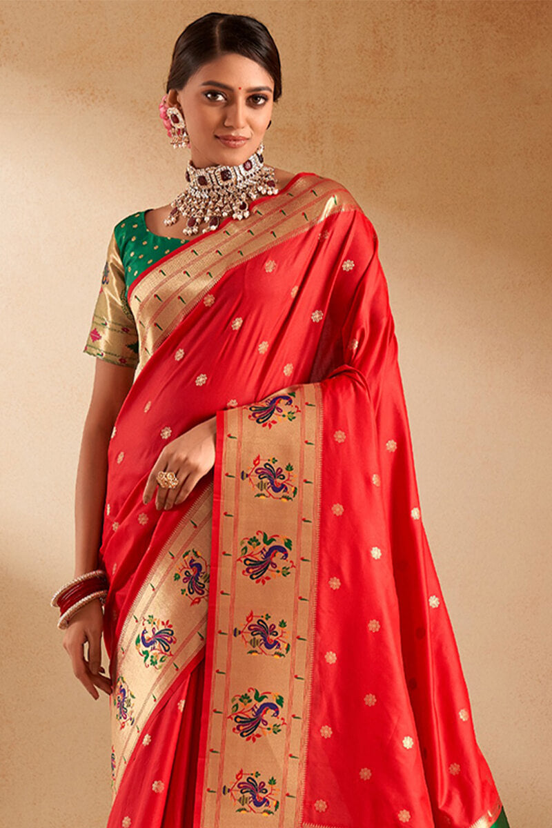 Ephemeral Red Paithani Silk Saree With Preferable Blouse Piece
