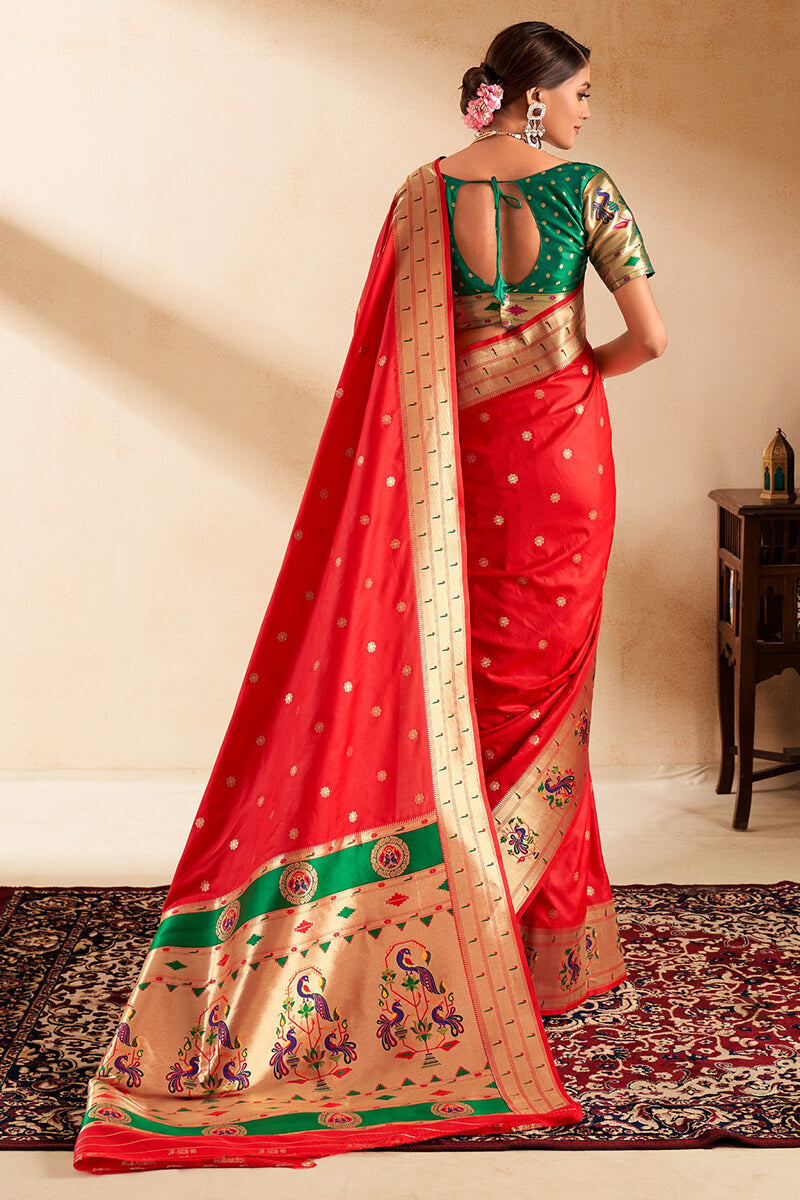 Ephemeral Red Paithani Silk Saree With Preferable Blouse Piece