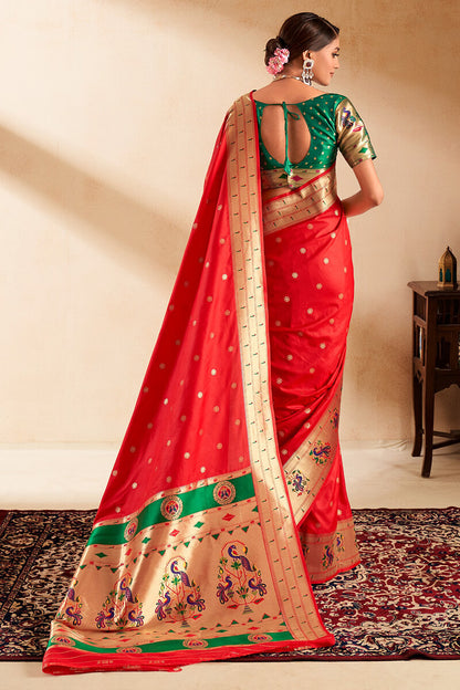 Ephemeral Red Paithani Silk Saree With Preferable Blouse Piece