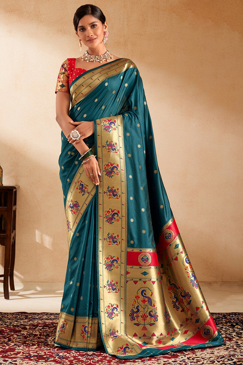 Entrancing Rama Paithani Silk Saree With Nebula Blouse Piece