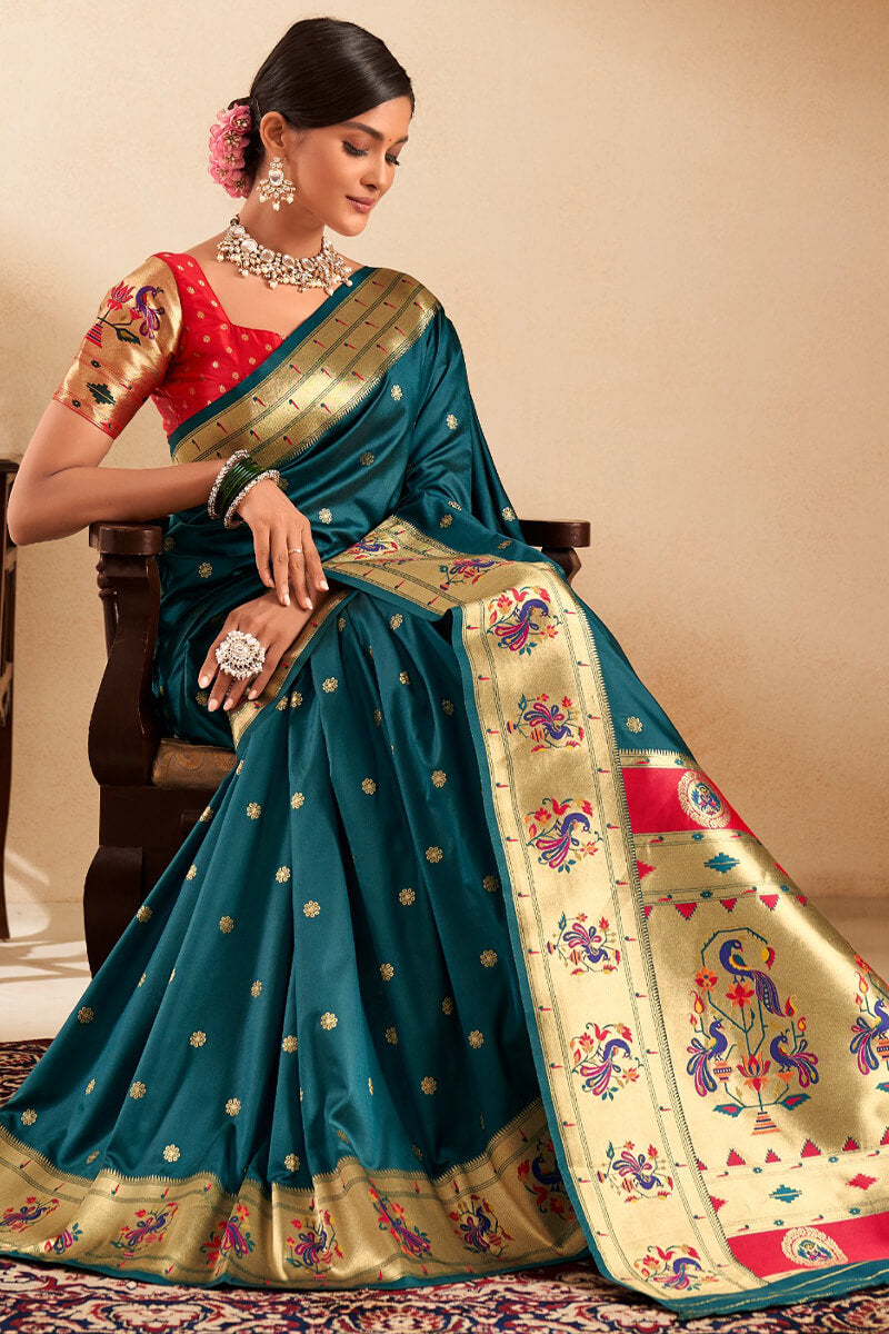 Entrancing Rama Paithani Silk Saree With Nebula Blouse Piece