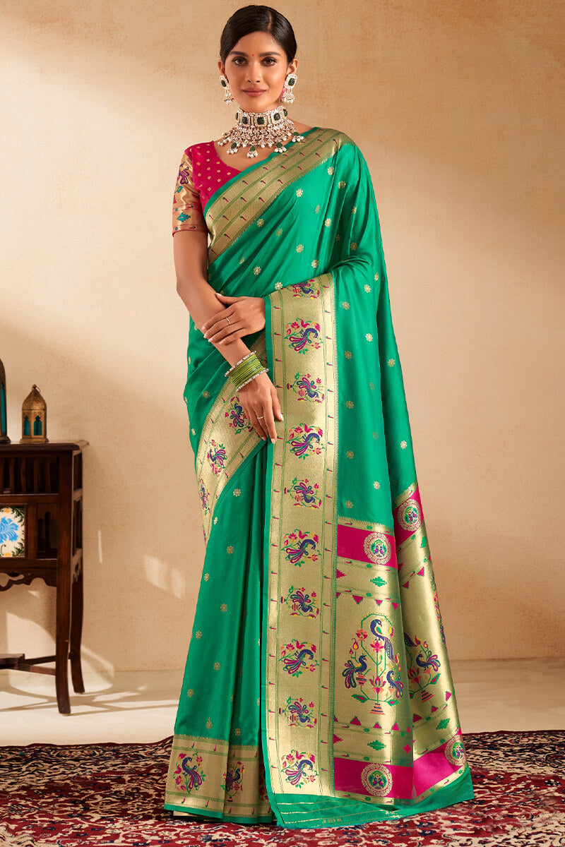 Proficient Sea Green Paithani Silk Saree With Phenomenal Blouse Piece