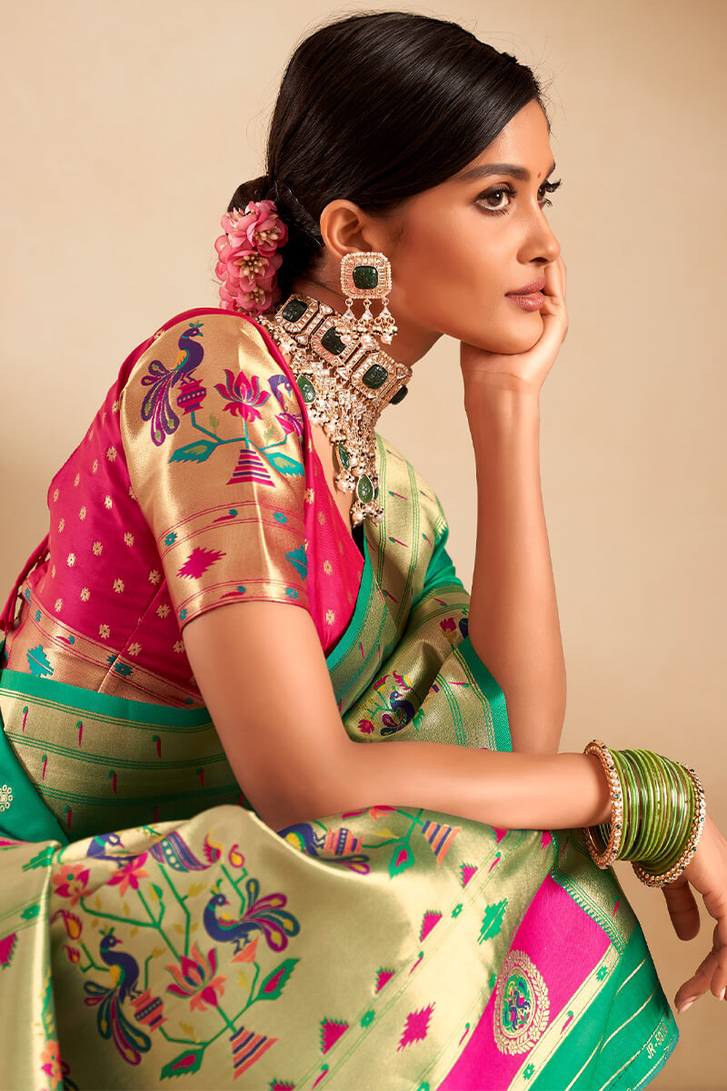 Proficient Sea Green Paithani Silk Saree With Phenomenal Blouse Piece