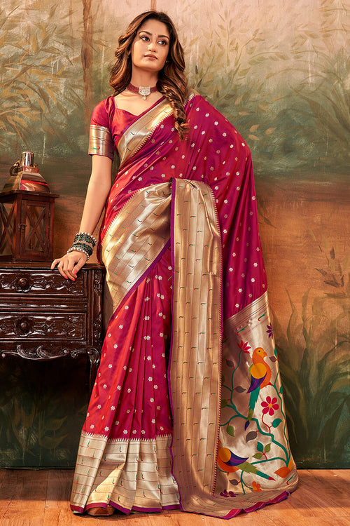 Load image into Gallery viewer, Ailurophile Wine Paithani Silk Saree With Embrocation Blouse Piece
