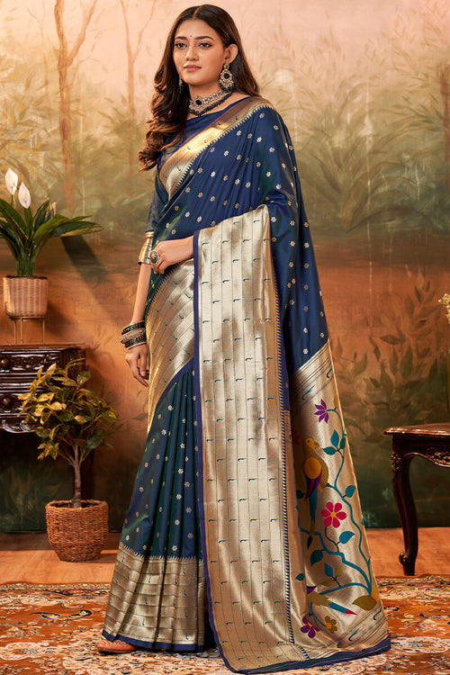 Load image into Gallery viewer, Embrocation Navy Blue Paithani Silk Saree With Fancifull Blouse Piece
