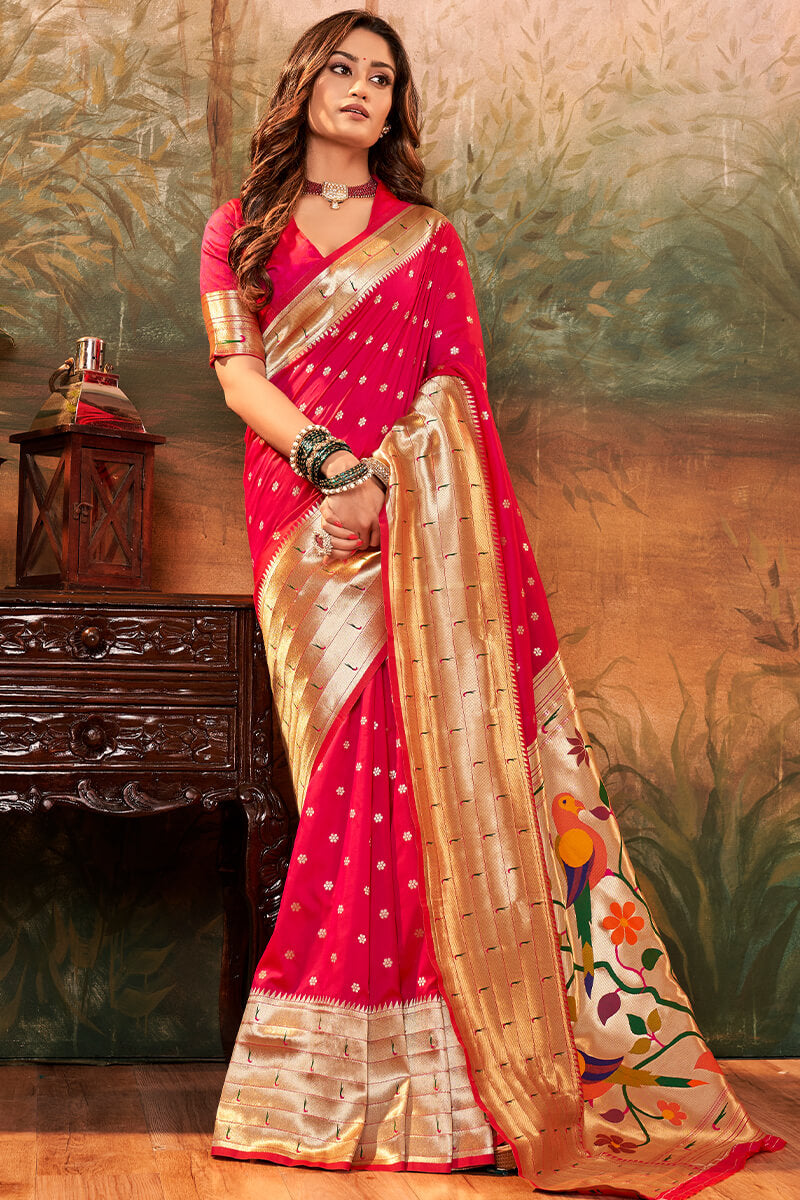 Most Stunning Dark Pink Paithani Silk Saree With Angelic Blouse Piece