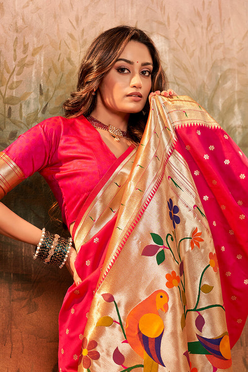 Load image into Gallery viewer, Most Stunning Dark Pink Paithani Silk Saree With Angelic Blouse Piece
