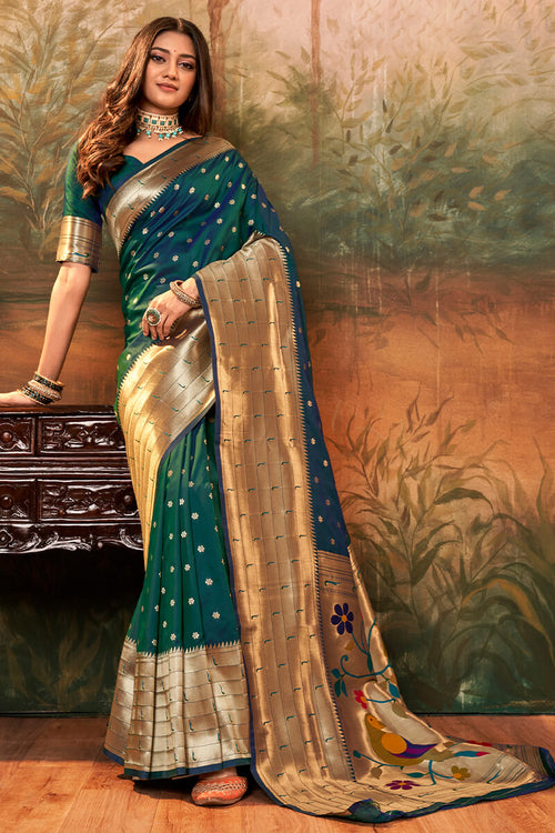 Load image into Gallery viewer, Prominent Dark Green Paithani Silk Saree With Ethnic Blouse Piece
