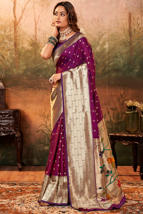 Load image into Gallery viewer, Glowing Purple Paithani Silk Saree With Wonderful Blouse Piece
