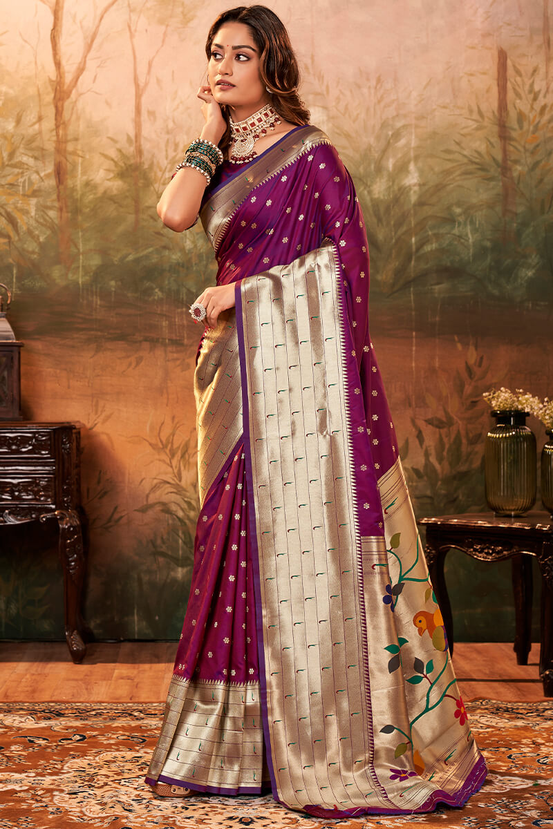 Glowing Purple Paithani Silk Saree With Wonderful Blouse Piece