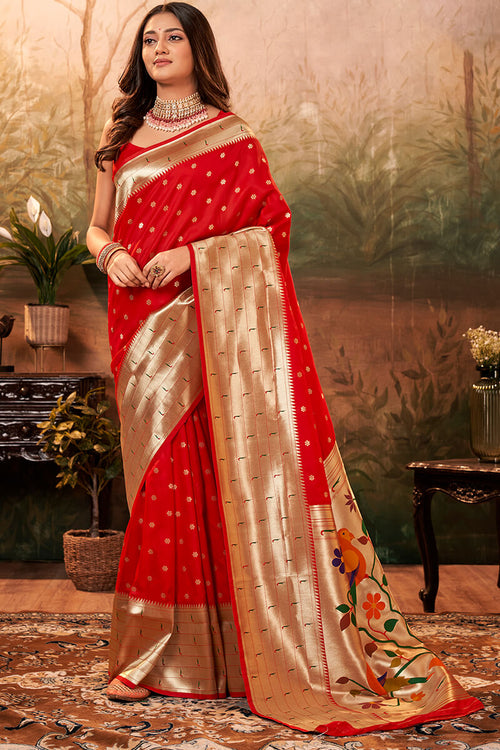 Load image into Gallery viewer, Amazing Red Paithani Silk Saree With Sizzling Blouse Piece
