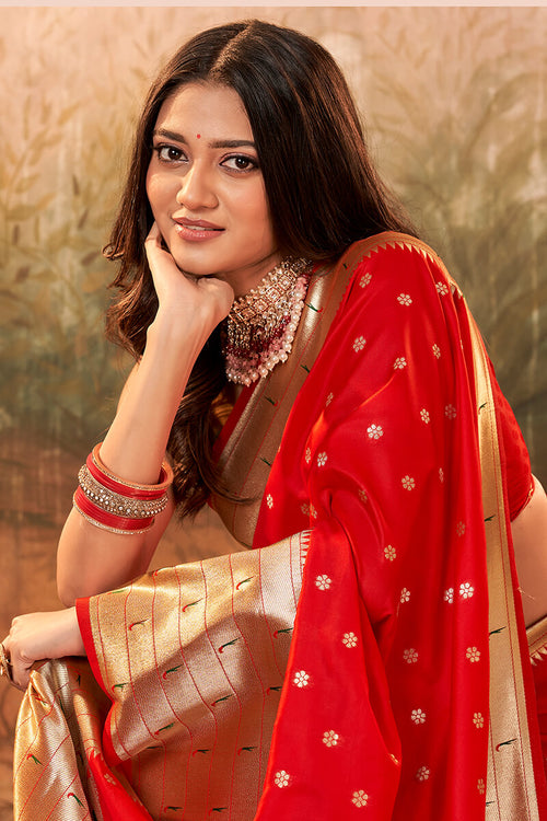 Load image into Gallery viewer, Amazing Red Paithani Silk Saree With Sizzling Blouse Piece
