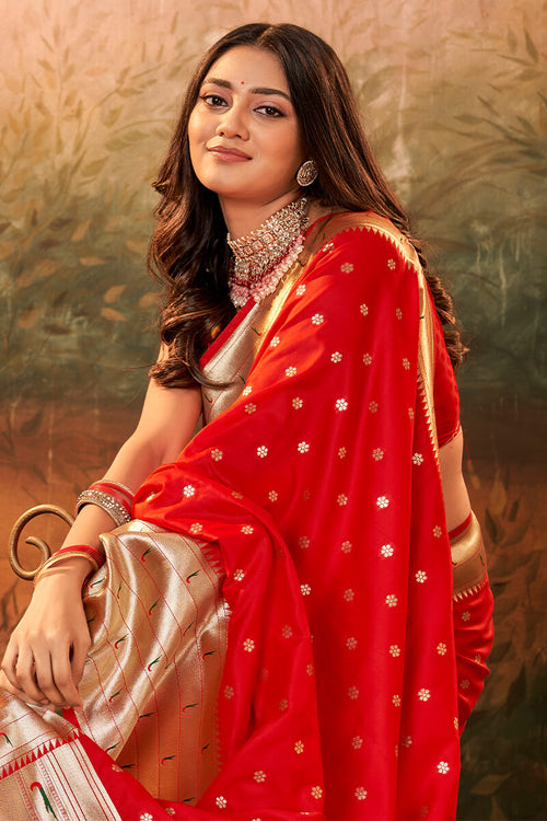 Load image into Gallery viewer, Amazing Red Paithani Silk Saree With Sizzling Blouse Piece
