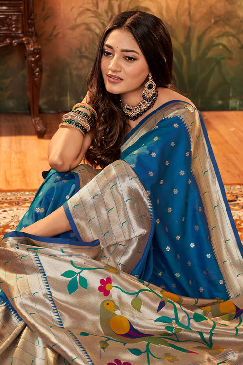 Load image into Gallery viewer, Flameboyant Blue Paithani Silk Saree With Bewitching Blouse Piece
