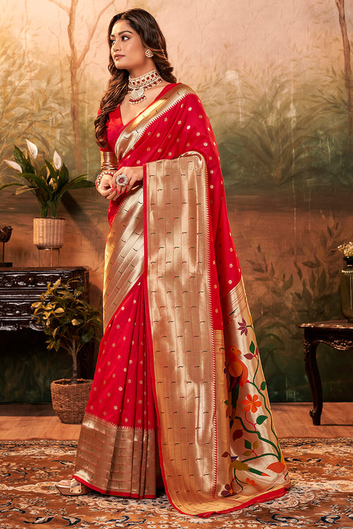 Load image into Gallery viewer, Angelic Red Paithani Silk Saree With Conflate Blouse Piece
