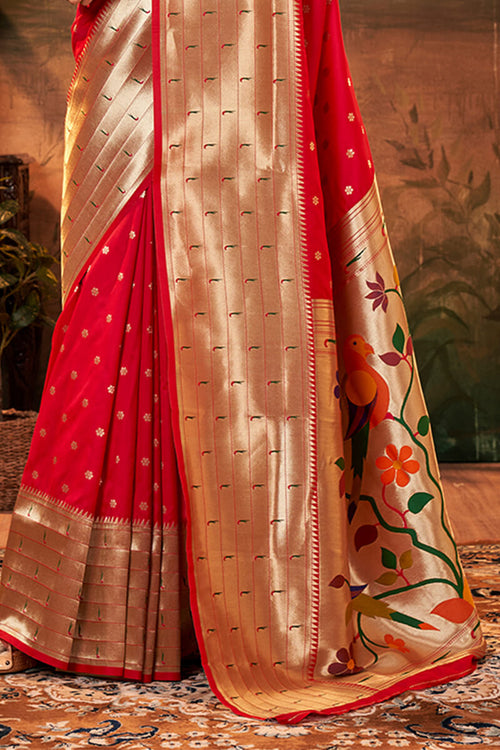 Load image into Gallery viewer, Angelic Red Paithani Silk Saree With Conflate Blouse Piece
