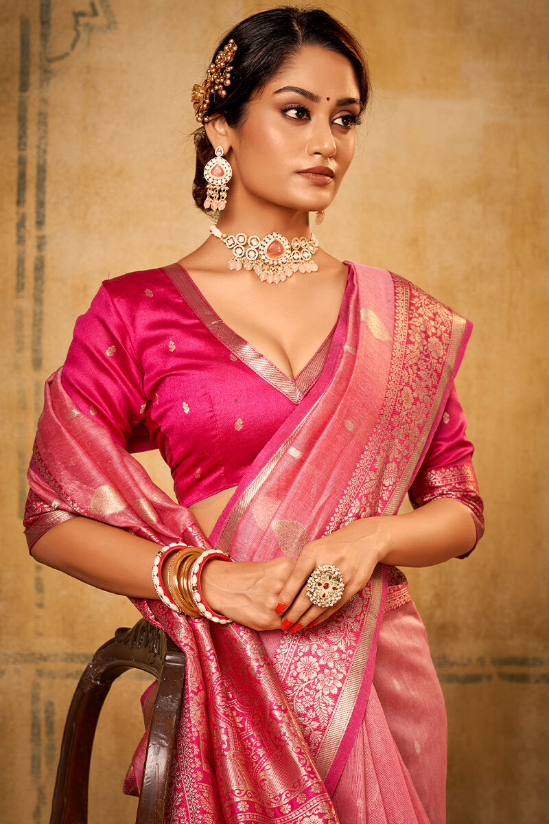 Dazzling Pink Soft Banarasi Silk Saree With Designer Blouse Piece