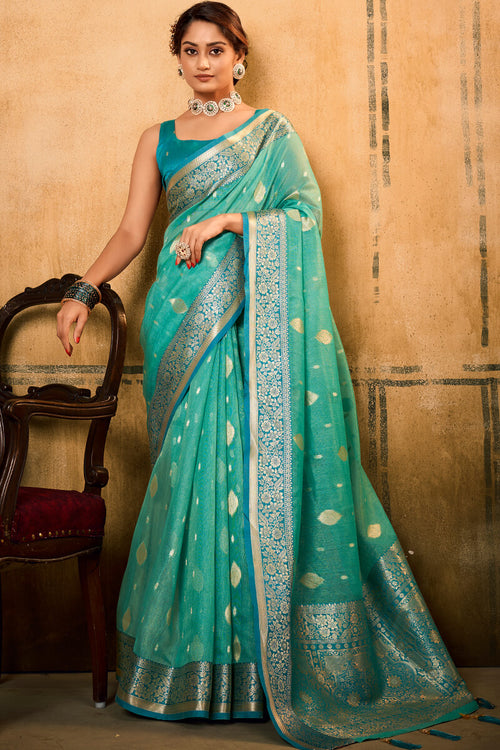 Load image into Gallery viewer, Outstanding Sea Green Soft Banarasi Silk Saree With Appealing Blouse Piece
