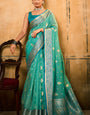 Outstanding Sea Green Soft Banarasi Silk Saree With Appealing Blouse Piece