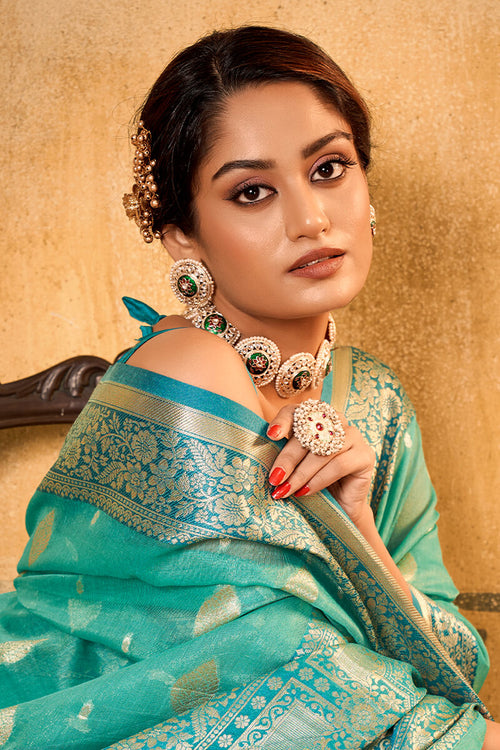 Load image into Gallery viewer, Outstanding Sea Green Soft Banarasi Silk Saree With Appealing Blouse Piece
