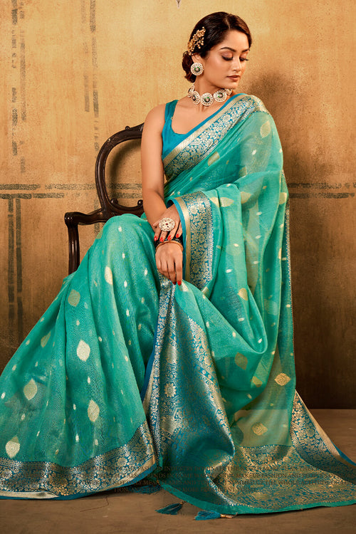 Load image into Gallery viewer, Outstanding Sea Green Soft Banarasi Silk Saree With Appealing Blouse Piece
