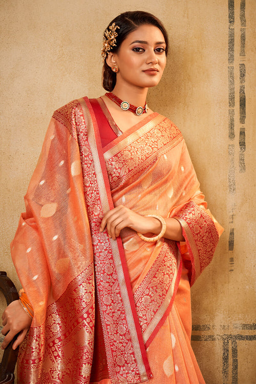 Load image into Gallery viewer, Flamboyant Peach Soft Banarasi Silk Saree With Exquisite Blouse Piece
