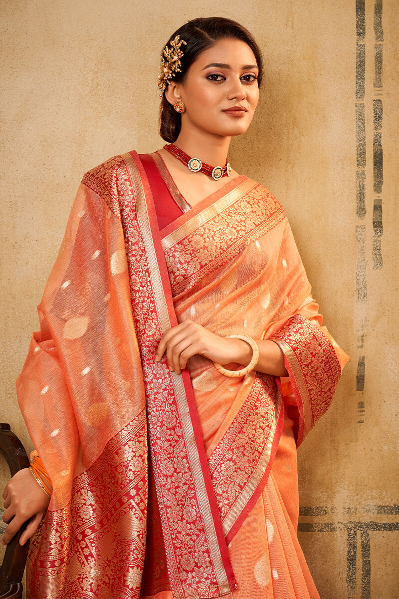 Flamboyant Peach Soft Banarasi Silk Saree With Exquisite Blouse Piece