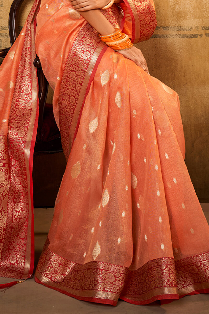 Flamboyant Peach Soft Banarasi Silk Saree With Exquisite Blouse Piece