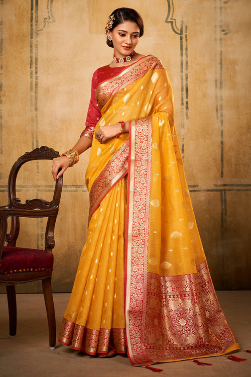 Load image into Gallery viewer, Flameboyant Yellow Soft Banarasi Silk Saree With Adoring Blouse Piece
