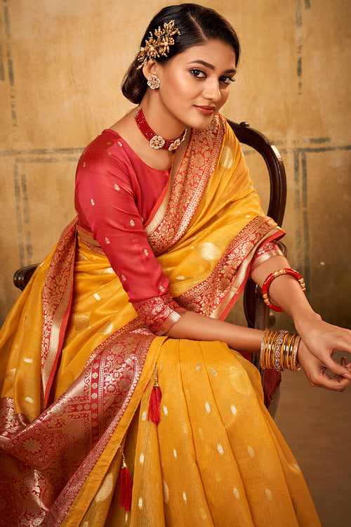 Load image into Gallery viewer, Flameboyant Yellow Soft Banarasi Silk Saree With Adoring Blouse Piece
