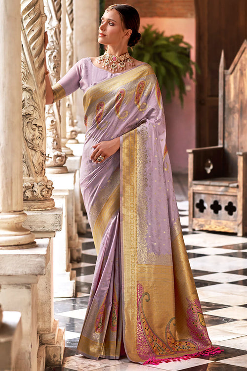 Load image into Gallery viewer, Gratifying Lavender Soft Banarasi Silk Saree With Staring Blouse Piece
