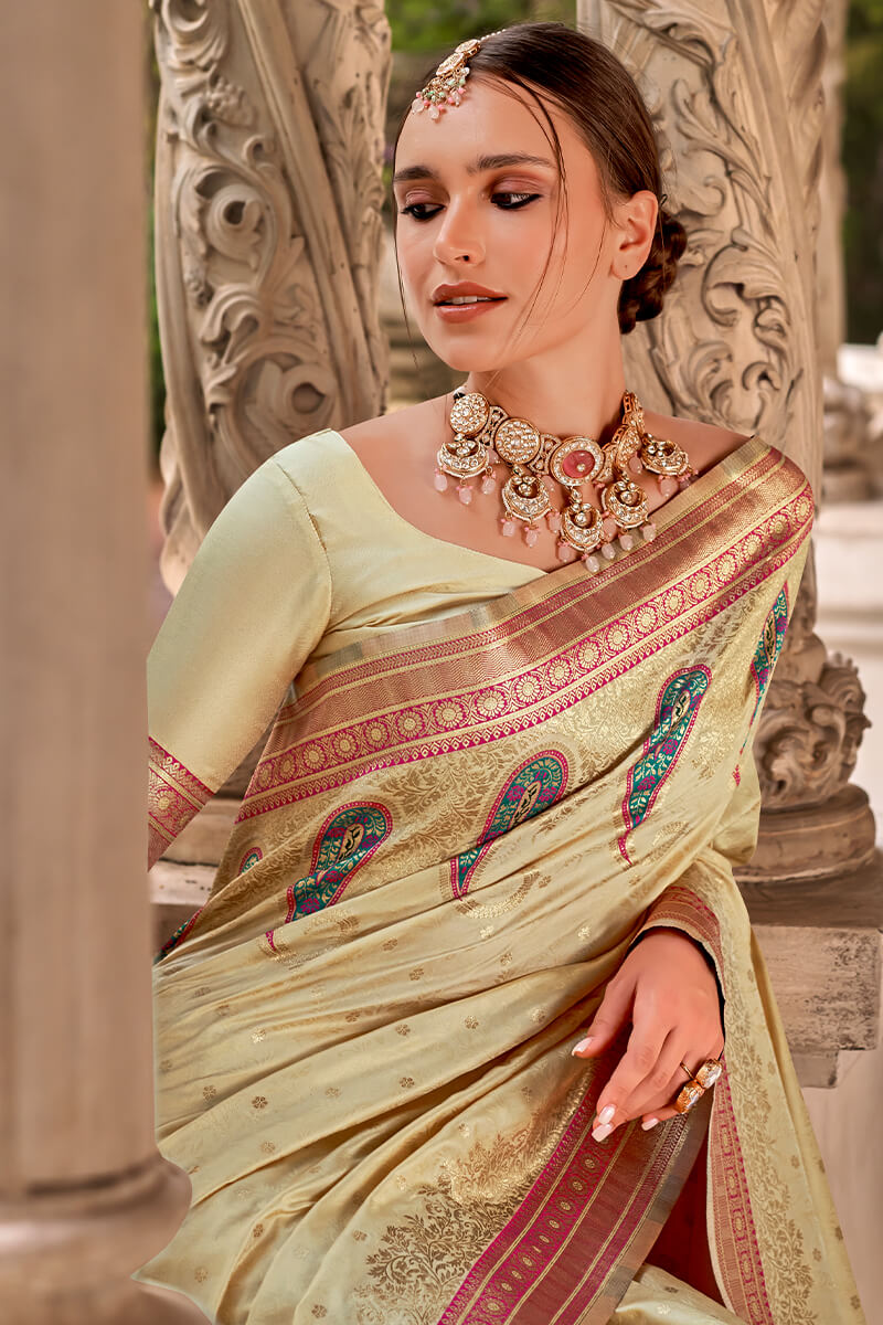 Girlish Beige Soft Banarasi Silk Saree With Beautiful Blouse Piece