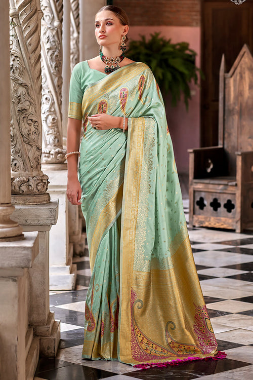 Load image into Gallery viewer, Arresting Pista Soft Banarasi Silk Saree With Majesty Blouse Piece
