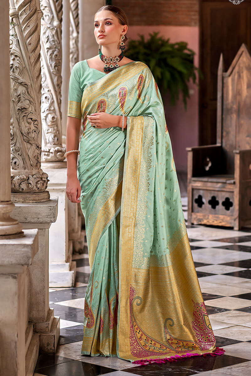 Arresting Pista Soft Banarasi Silk Saree With Majesty Blouse Piece