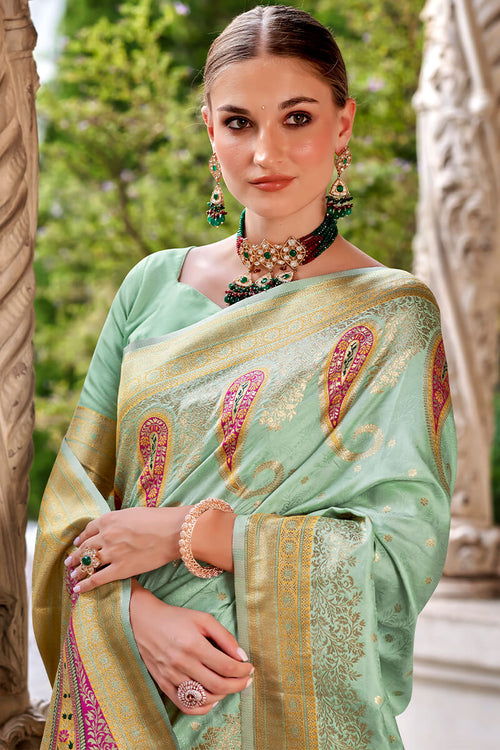 Load image into Gallery viewer, Arresting Pista Soft Banarasi Silk Saree With Majesty Blouse Piece
