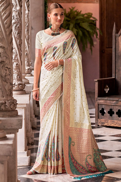 Load image into Gallery viewer, Demure Off White Soft Banarasi Silk Saree With Palimpsest Blouse Piece
