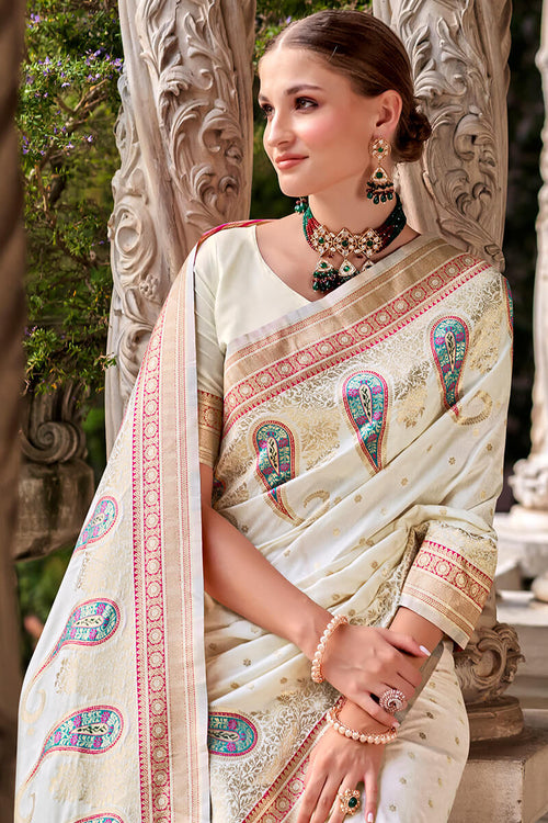 Load image into Gallery viewer, Demure Off White Soft Banarasi Silk Saree With Palimpsest Blouse Piece
