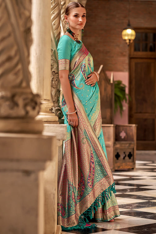 Load image into Gallery viewer, Devastating Firozi Soft Banarasi Silk Saree With Gratifying Blouse Piece
