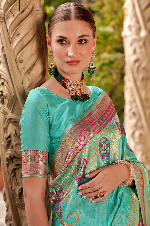 Load image into Gallery viewer, Devastating Firozi Soft Banarasi Silk Saree With Gratifying Blouse Piece
