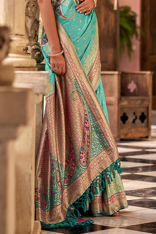 Load image into Gallery viewer, Devastating Firozi Soft Banarasi Silk Saree With Gratifying Blouse Piece
