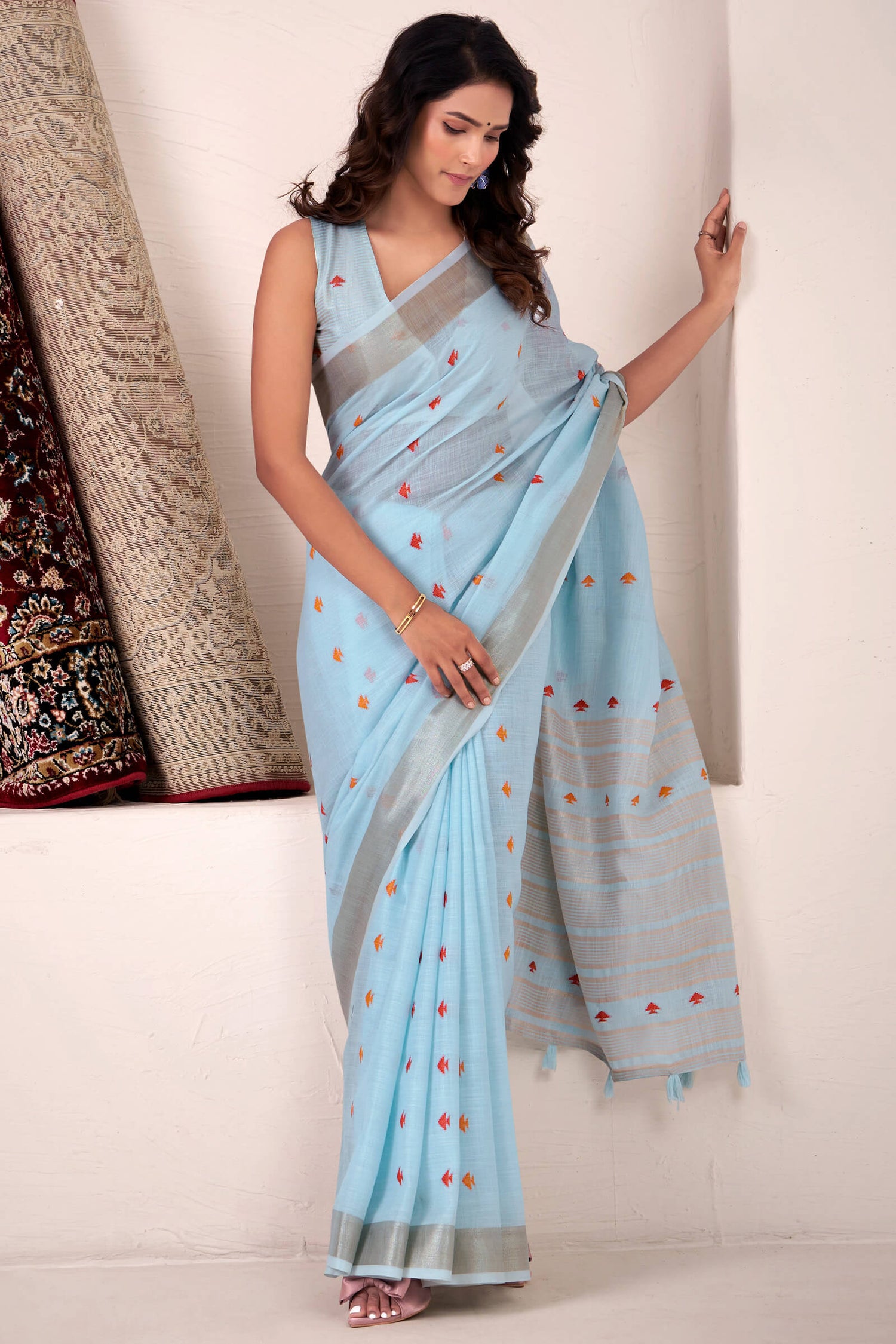 Pretty Sky Cotton Silk Saree With Prominent Blouse Piece